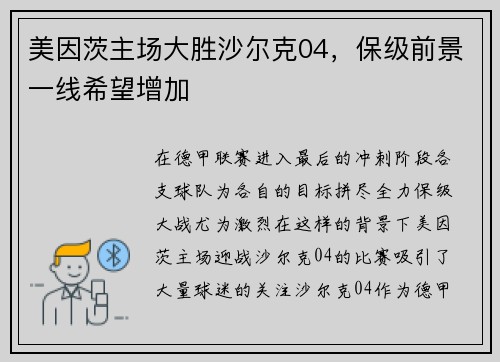 美因茨主场大胜沙尔克04，保级前景一线希望增加